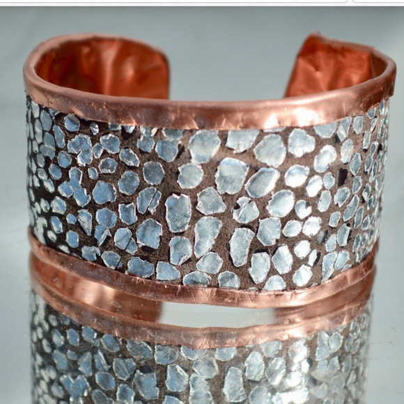 Conceptual Subculture Jewelry - Copper Silver Leather Cuff Bracelet Handmade Boho